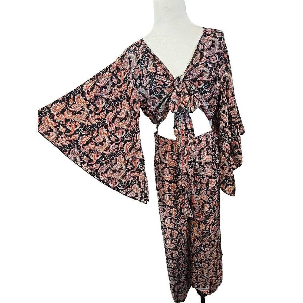 White Waves Pants Set Red Black Kimono tie front Wide leg pants size S M  New‎